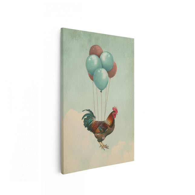 Canvas schilderij vooraanzicht Haan ​​Die met Ballonnen Vliegt