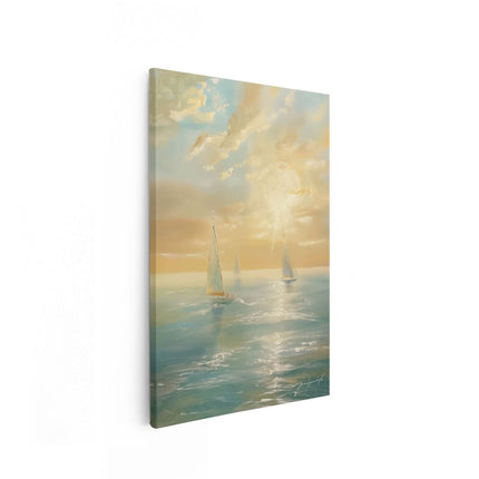 Canvas schilderij vooraanzicht Zeilboten in de Oceaan bij Zonsondergang