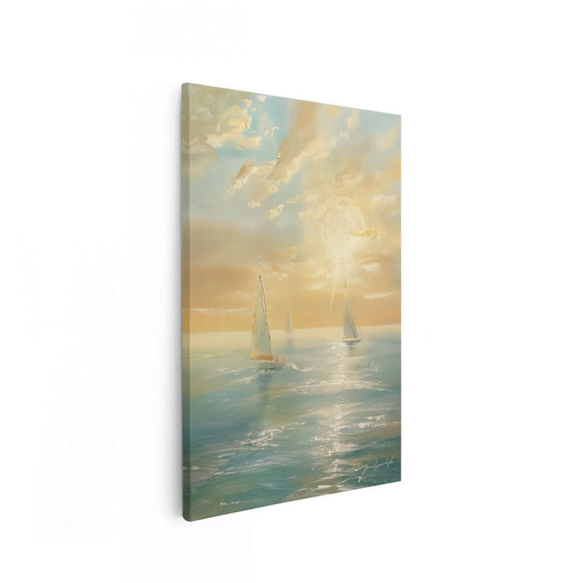 Canvas schilderij vooraanzicht Zeilboten in de Oceaan bij Zonsondergang