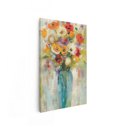 Canvas schilderij vooraanzicht Kunstwerk van Bloemen in een Blauwe Vaas