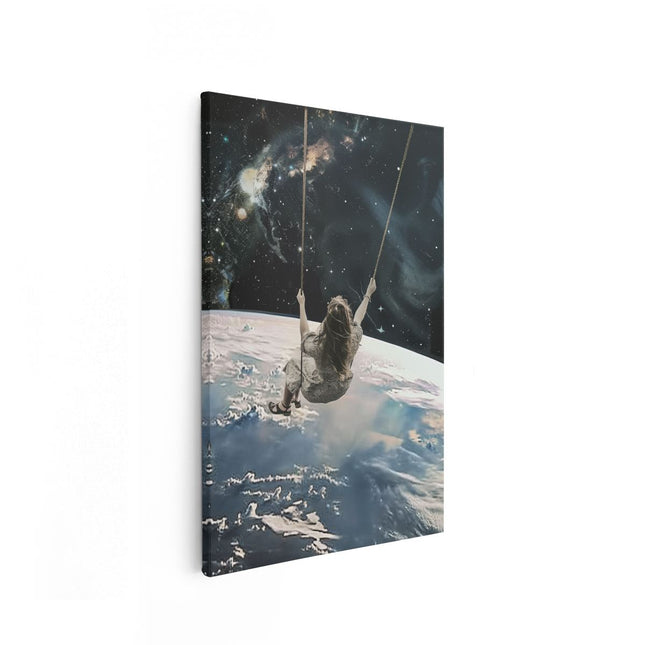 Canvas schilderij vooraanzicht Meisje Swingend op een Schommel in de Ruimte