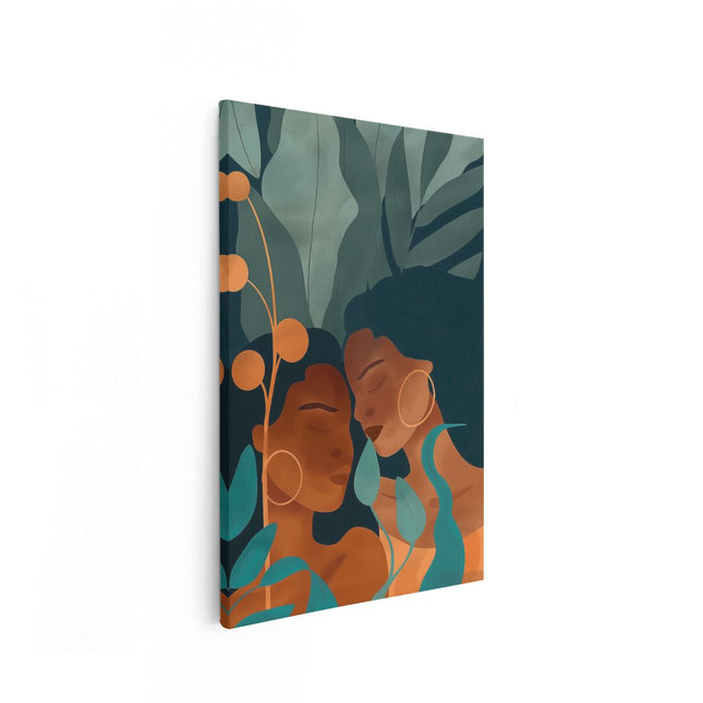 Canvas schilderij vooraanzicht Twee Vrouwen die Elkaar Omhelzen in een Tropische Setting