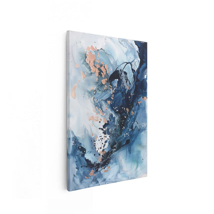 Canvas schilderij vooraanzicht Abstract Kunstwerk met Blauwe en Koperen Spatten