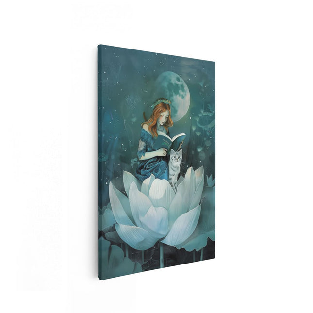 Canvas schilderij vooraanzicht Meisje Leest een Boek over een Lotusbloem