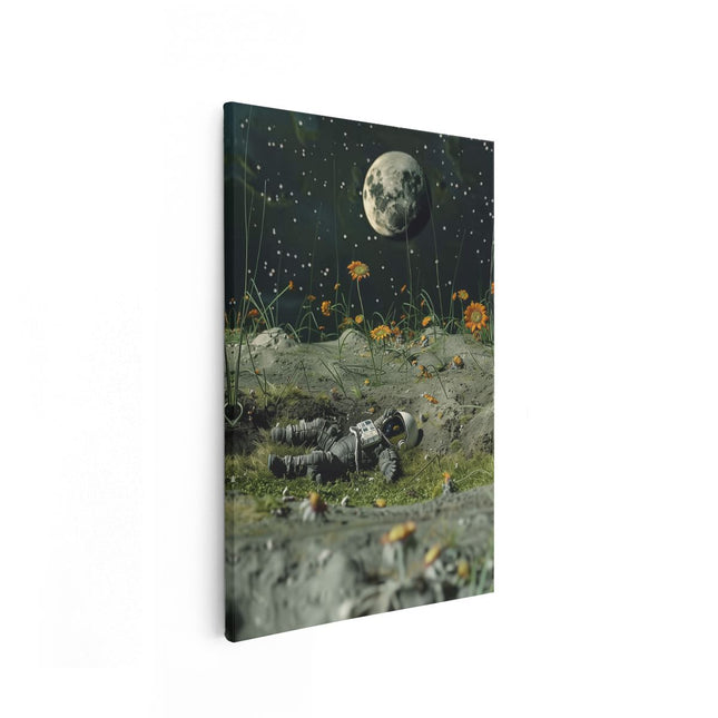 Canvas schilderij vooraanzicht Astronaut die op de Grond ligt met Bloemen