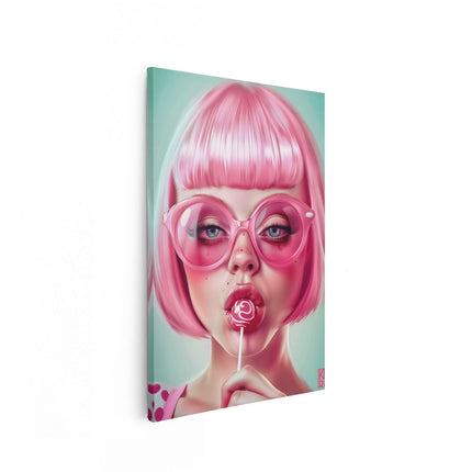 Canvas schilderij vooraanzicht Meisje met Roze haar en Bril Eet een Lolly