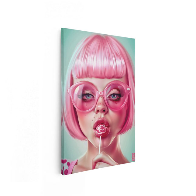 Canvas schilderij vooraanzicht Meisje met Roze haar en Bril Eet een Lolly