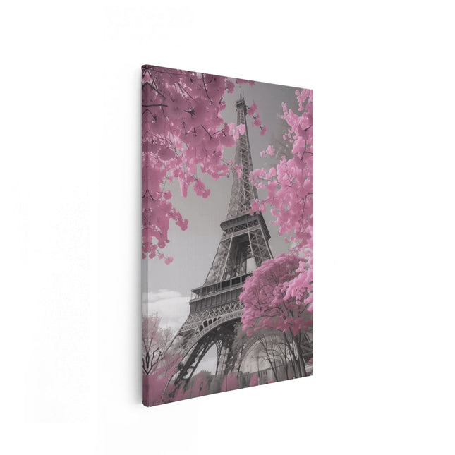 Canvas schilderij vooraanzicht Roze Bomen en de Eiffeltoren