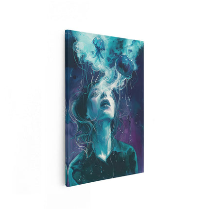 Canvas schilderij vooraanzicht Vrouw met een Kwal op haar Hoofd