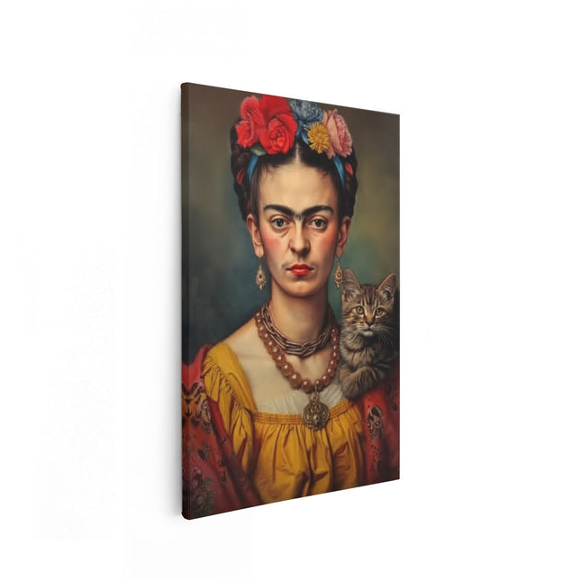 Canvas schilderij vooraanzicht Kunstwerk van Frida Kahlo met een Kat