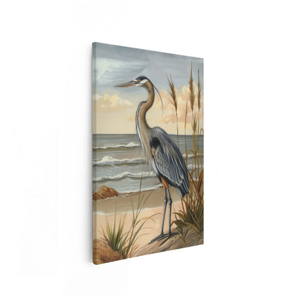 Canvas schilderij vooraanzicht Blauwe Reiger Staande op het Strand