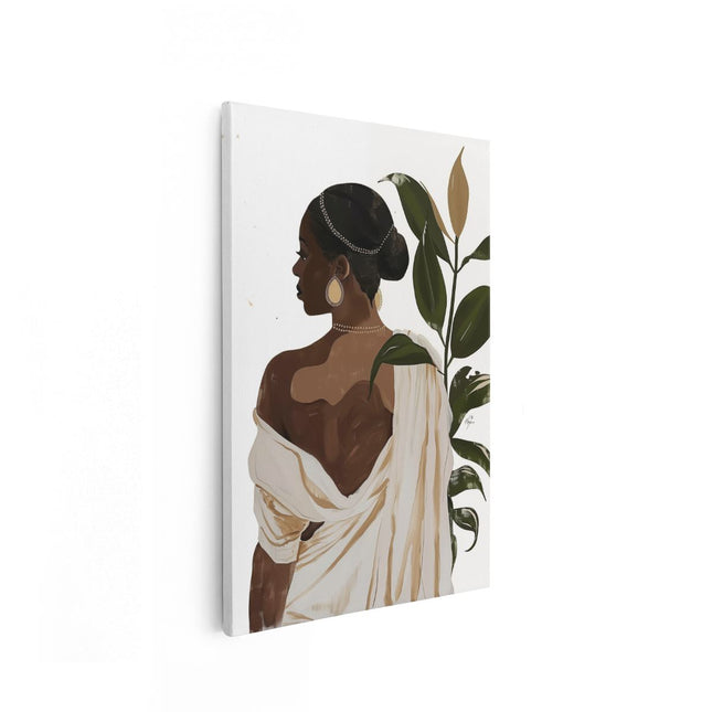 Canvas schilderij vooraanzicht Afrikaanse Vrouw met een Plant in haar Hand
