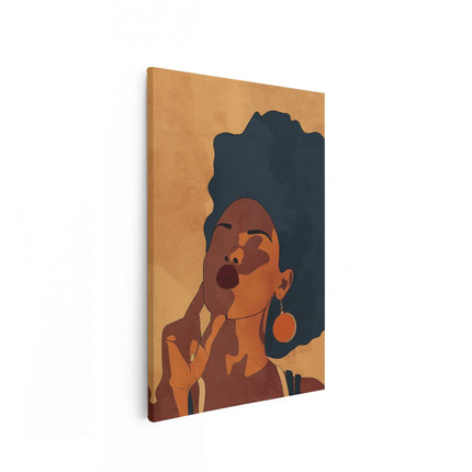 Canvas schilderij vooraanzicht Vrouw met een Afro en een Ring aan haar Vinger