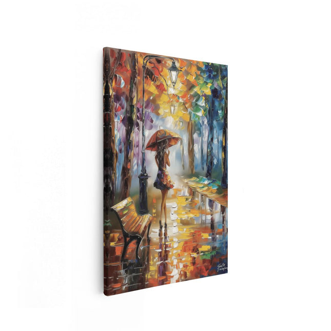 Canvas schilderij vooraanzicht Vrouw die in de Regen loopt met een Paraplu
