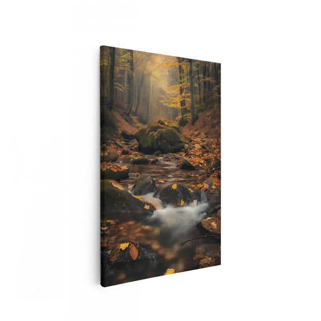 Canvas schilderij vooraanzicht Stroom in een Bos met Herfstbladeren
