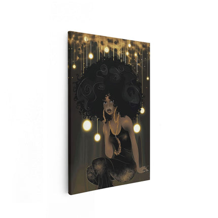 Canvas schilderij vooraanzicht Zwarte Vrouw in een Zwarte Jurk met Gouden Lichten