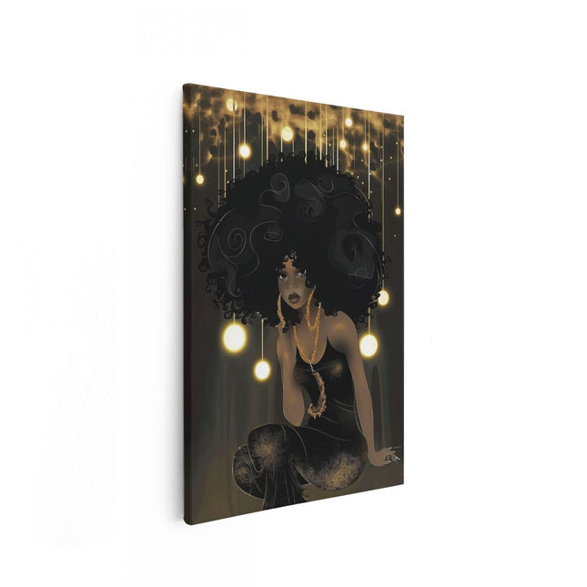 Canvas schilderij vooraanzicht Zwarte Vrouw in een Zwarte Jurk met Gouden Lichten