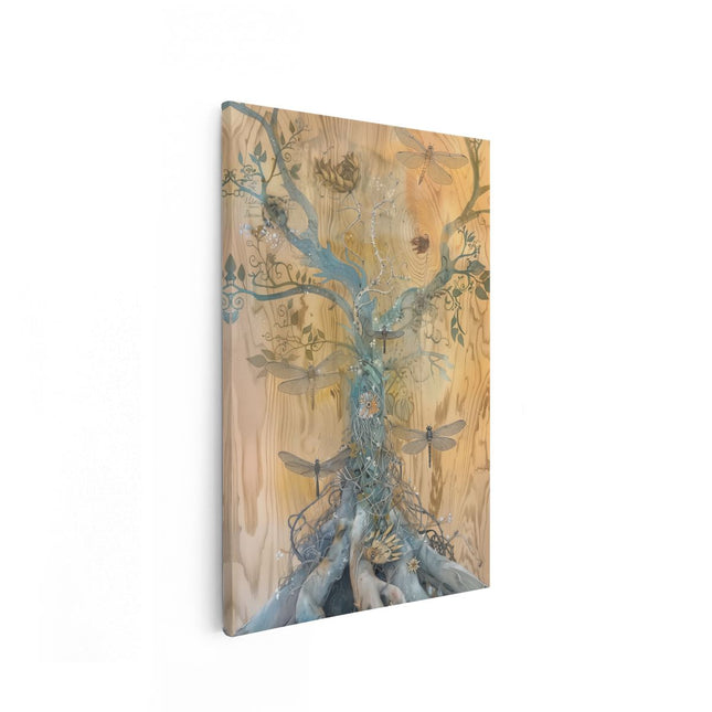 Canvas schilderij vooraanzicht Afbeelding van een Boom met Libellen Erop