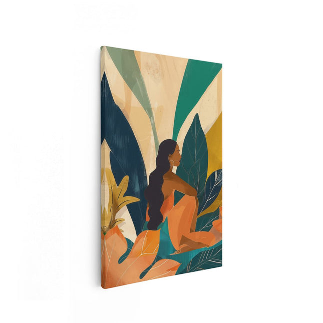 Canvas schilderij vooraanzicht Illustratie van een Vrouw die in Tropische Bladeren Zit
