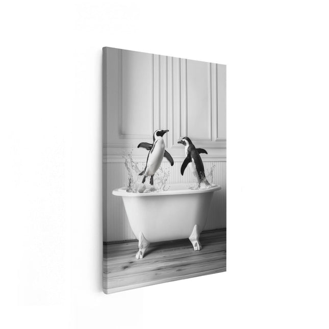 Canvas schilderij vooraanzicht Twee Pinguïns die in een Badkuip Springen