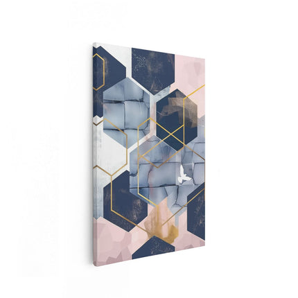 Canvas schilderij vooraanzicht Blauw en Goud Geometrisch Patroon met een Vogel Erop