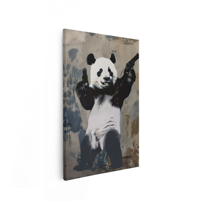 Canvas schilderij vooraanzicht Pandabeer met Twee Geweren