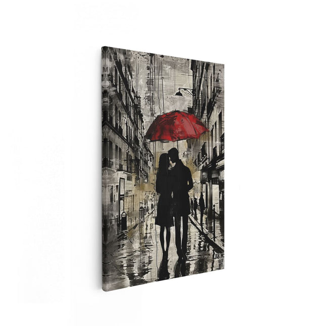 Canvas schilderij vooraanzicht Paar dat een Paraplu in de Regen Houdt