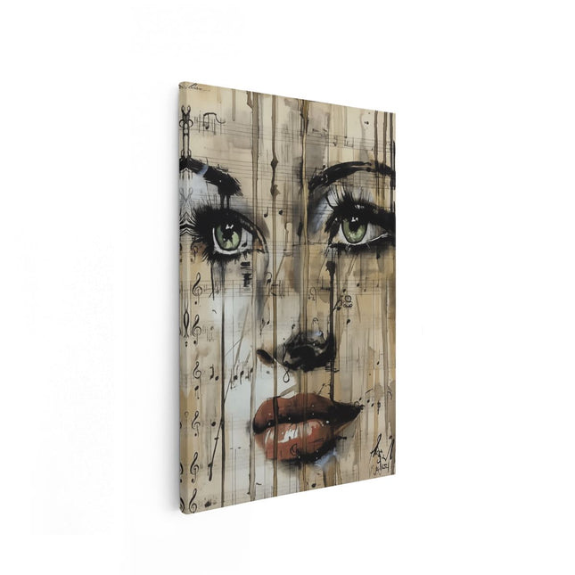 Canvas schilderij vooraanzicht Kunstwerk van een Vrouw met Muzieknoten op haar Gezicht