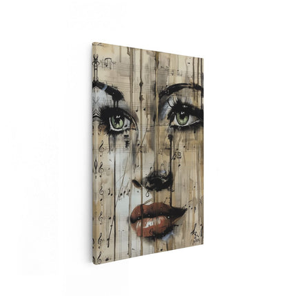 Canvas schilderij vooraanzicht Kunstwerk van een Vrouw met Muzieknoten op haar Gezicht