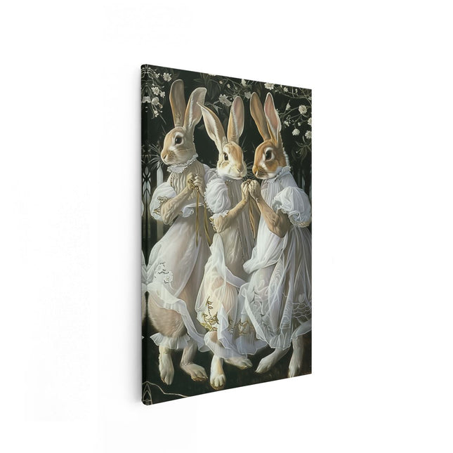 Canvas schilderij vooraanzicht Drie Konijnen in Witte Jurken