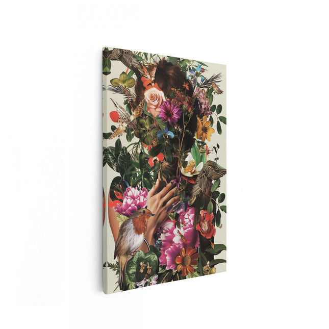 Canvas schilderij vooraanzicht Vrouw is Omringd door Bloemen en Vogels