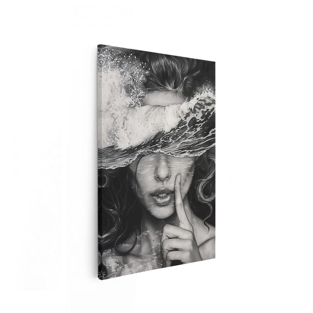 Canvas schilderij vooraanzicht Vrouw in het Water met haar Vinger op haar Lippen