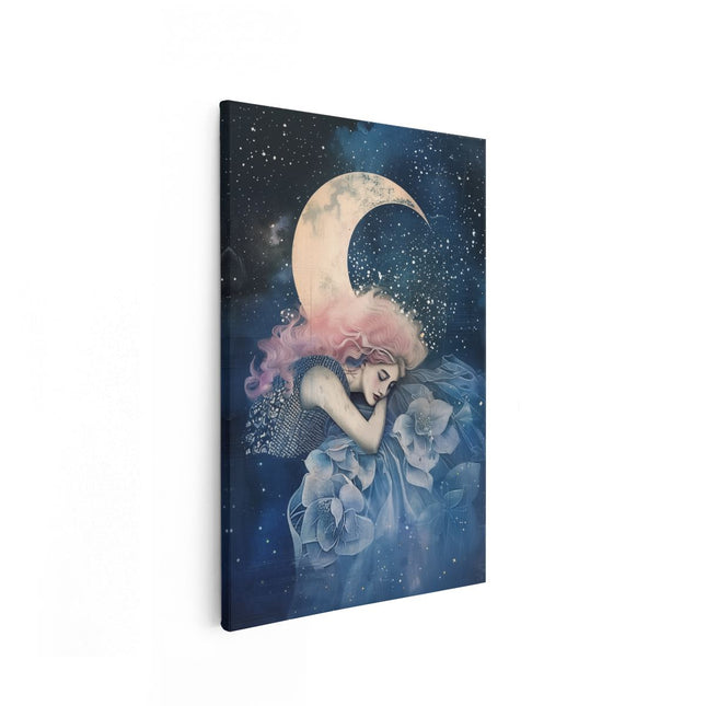 Canvas schilderij vooraanzicht Meisje met Roze haar Slaapt op de Maan