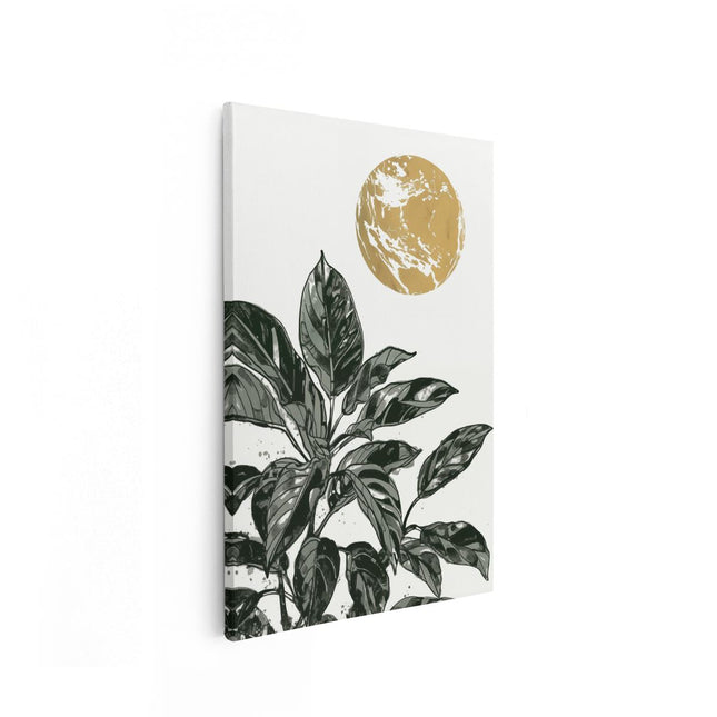 Canvas schilderij vooraanzicht Illustratie van een Plant met een Gouden Maan op de Achtergrond