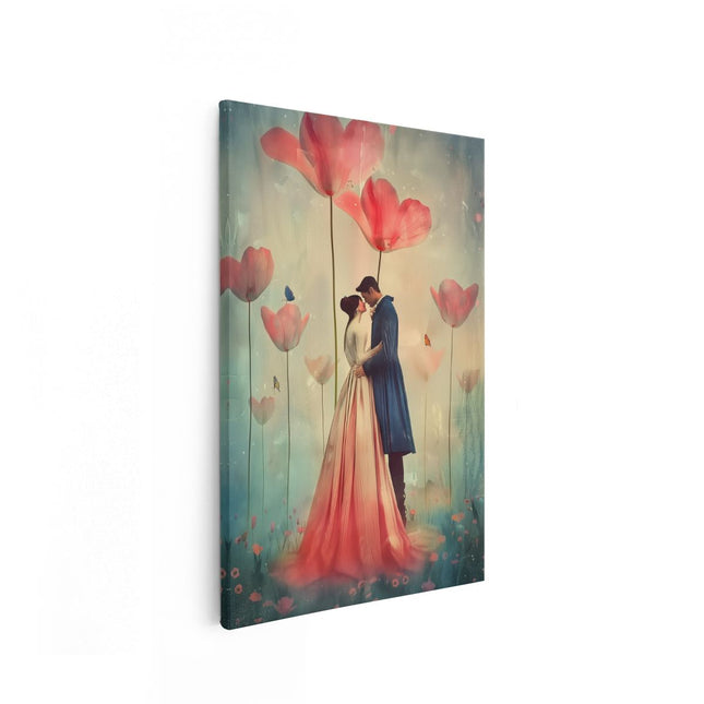 Canvas schilderij vooraanzicht Paar Kussen voor Bloemen