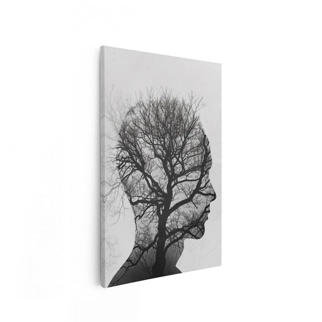 Canvas schilderij vooraanzicht Silhouet van een Man met een Boom in zijn Hoofd