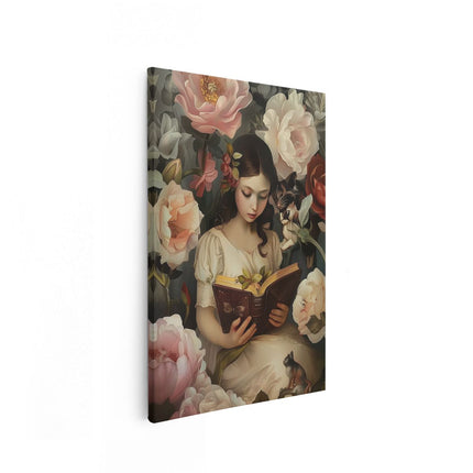 Canvas schilderij vooraanzicht Meisje dat een Boek Leest, Omringd door Bloemen