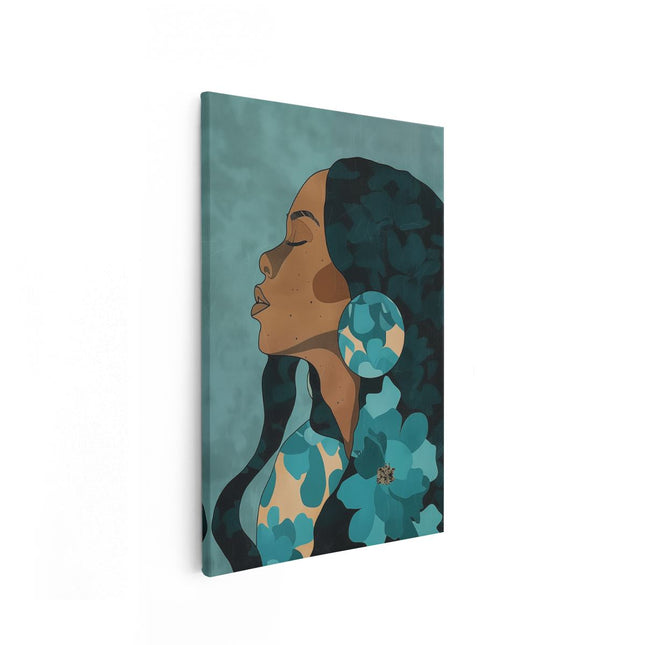 Canvas schilderij vooraanzicht Vrouw met Lang haar en Bloemen in haar Haar