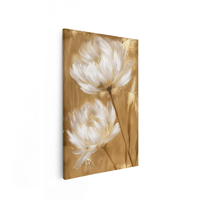 Canvas schilderij vooraanzicht Witte Bloemen op een Gouden Achtergrond