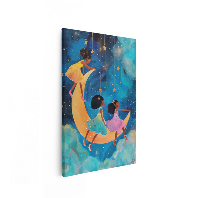 Canvas schilderij vooraanzicht Drie Meisjes op een Halve Maan