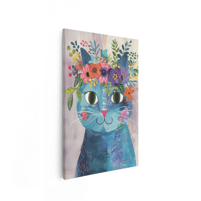 Canvas schilderij vooraanzicht Blauwe Kat met Bloemen op zijn Kop