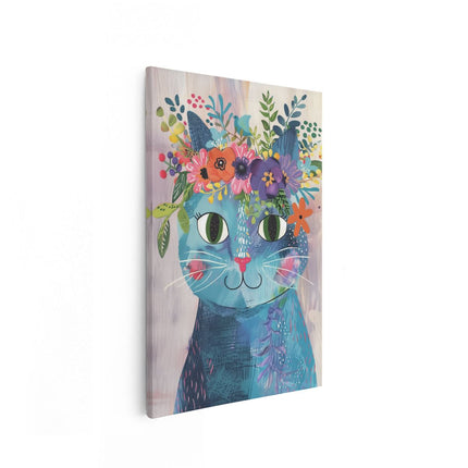 Canvas schilderij vooraanzicht Blauwe Kat met Bloemen op zijn Kop
