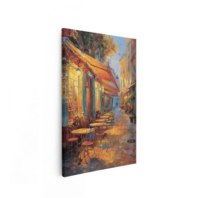 Canvas schilderij vooraanzicht Kunstwerk van een Straattafereel met Tafels en Stoelen