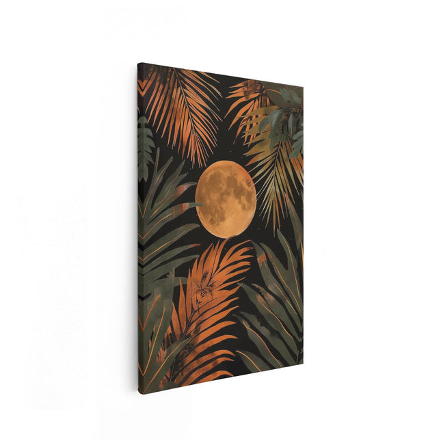 Canvas schilderij vooraanzicht Tropische Achtergrond met een Volle Maan en Palmbladeren