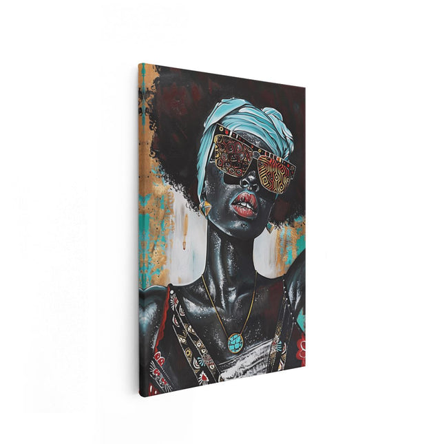 Canvas schilderij vooraanzicht Vrouw met Afro en Zonnebril