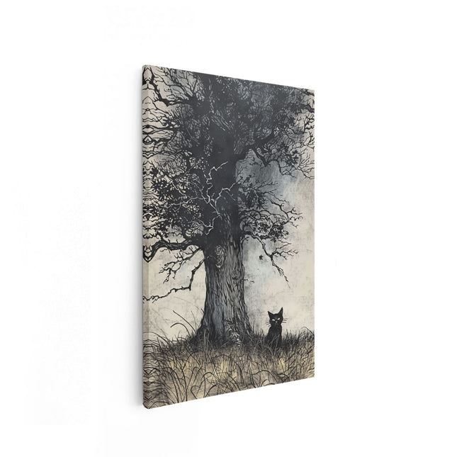 Canvas schilderij vooraanzicht Zwarte Kat onder een Boom