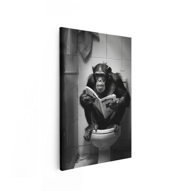 Canvas schilderij vooraanzicht Chimpansee Zittend op een Toilet een Krant Lezend
