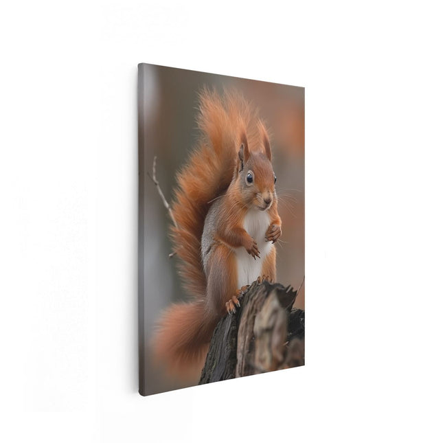 Canvas schilderij vooraanzicht Rode Eekhoorn Zittend op een Boomstronk