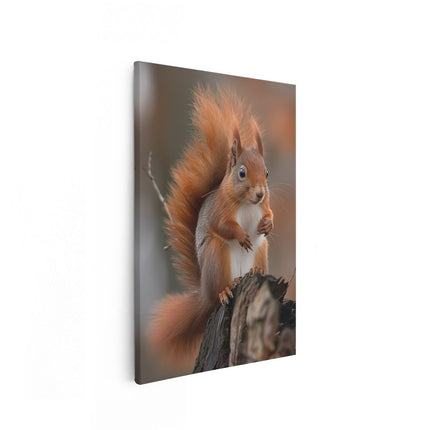 Canvas schilderij vooraanzicht Rode Eekhoorn Zittend op een Boomstronk