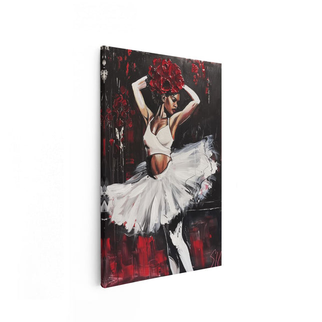 Canvas schilderij vooraanzicht Kunstwerk van een Ballerina met Rozen op haar Hoofd